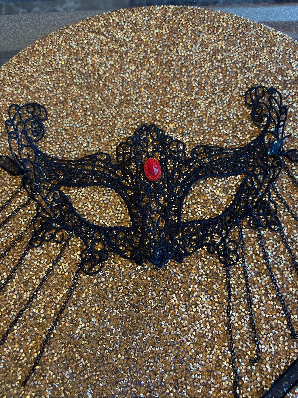New Black Lace Masquerade Mask with Red Gem. Perfect Halloween Mask
